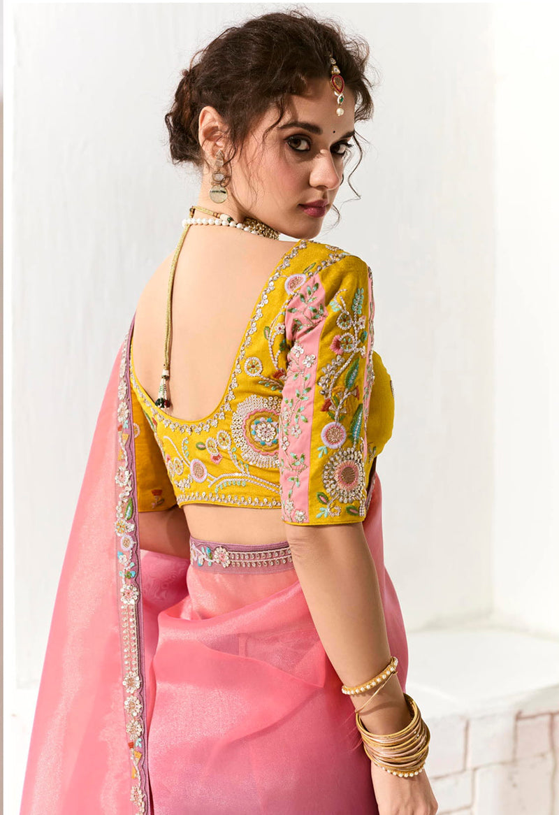 Monjolika Fashion Tissue Organza Pink and Purple Embroidered Trendy Saree - Distacart
