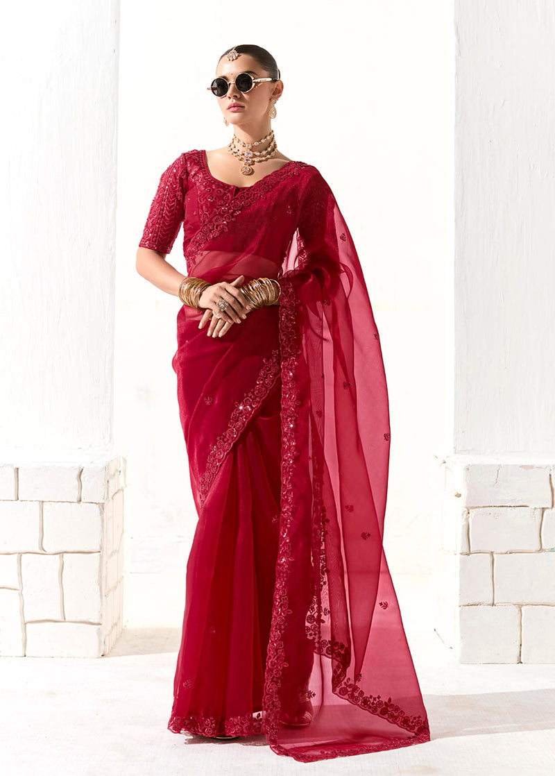 Monjolika Fashion Embroidered Dark Red Tissue Organza Classic Saree