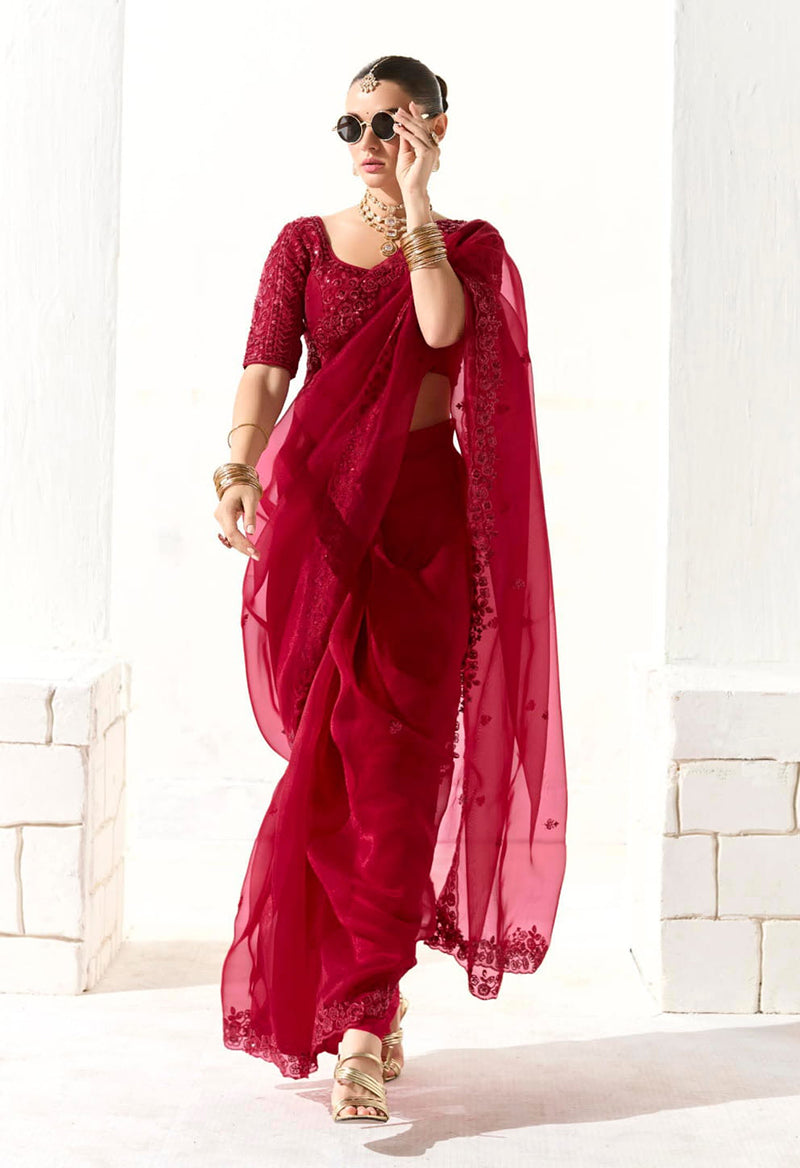Monjolika Fashion Embroidered Dark Red Tissue Organza Classic Saree