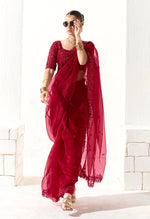 Thumbnail for Monjolika Fashion Embroidered Dark Red Tissue Organza Classic Saree