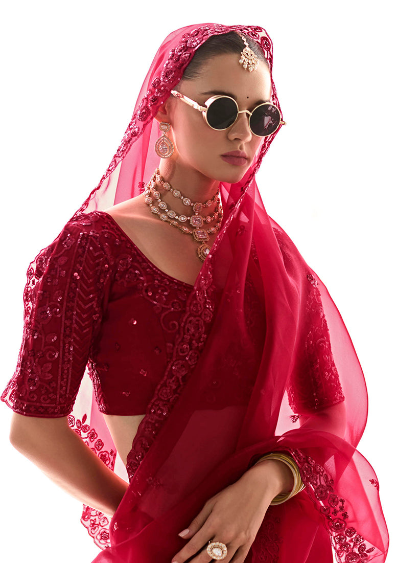 Monjolika Fashion Embroidered Dark Red Tissue Organza Classic Saree