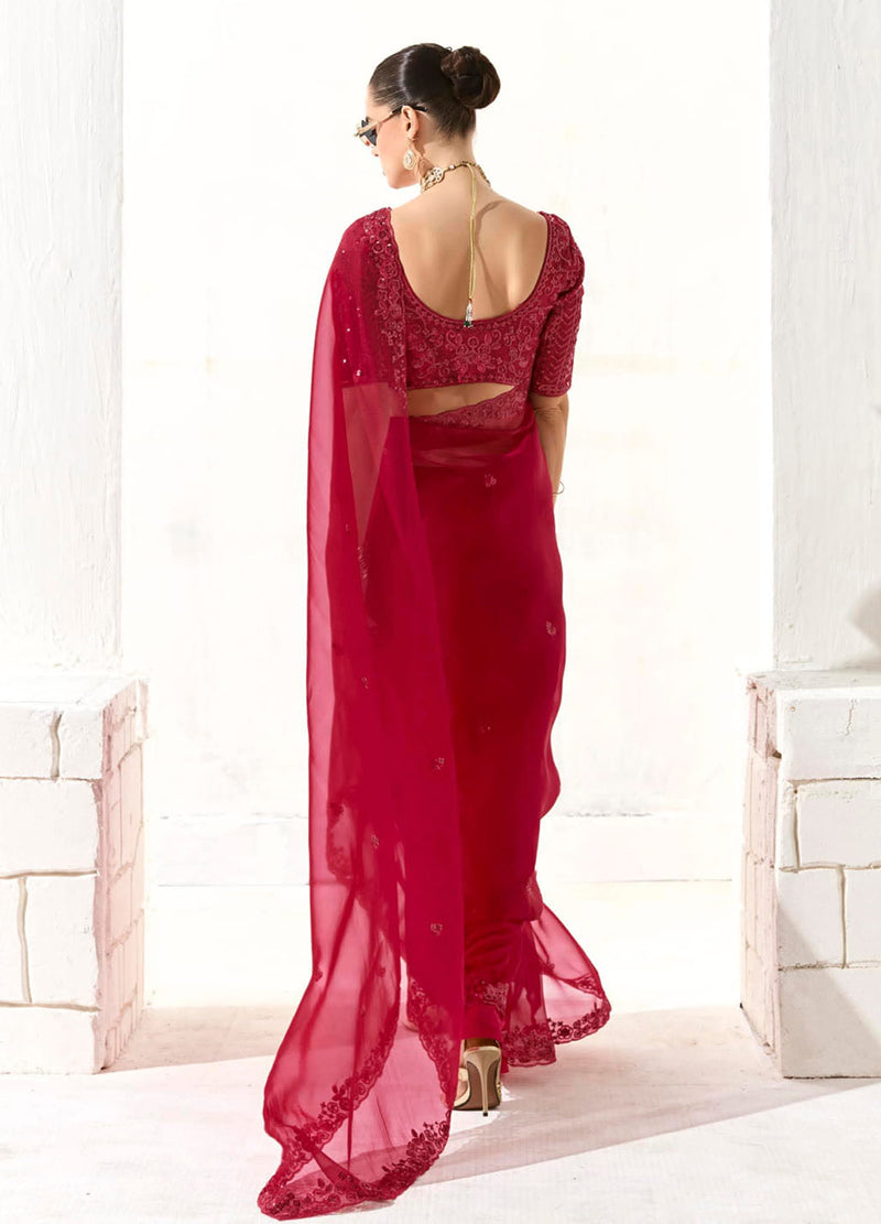 Monjolika Fashion Embroidered Dark Red Tissue Organza Classic Saree