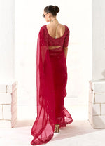 Thumbnail for Monjolika Fashion Embroidered Dark Red Tissue Organza Classic Saree