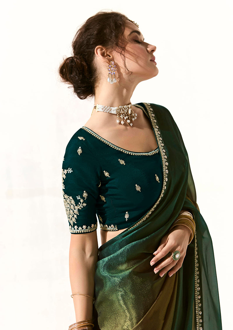 Monjolika Fashion Embroidered Sequins Tissue Organza Contemporary Saree in Dark Teal - Distacart