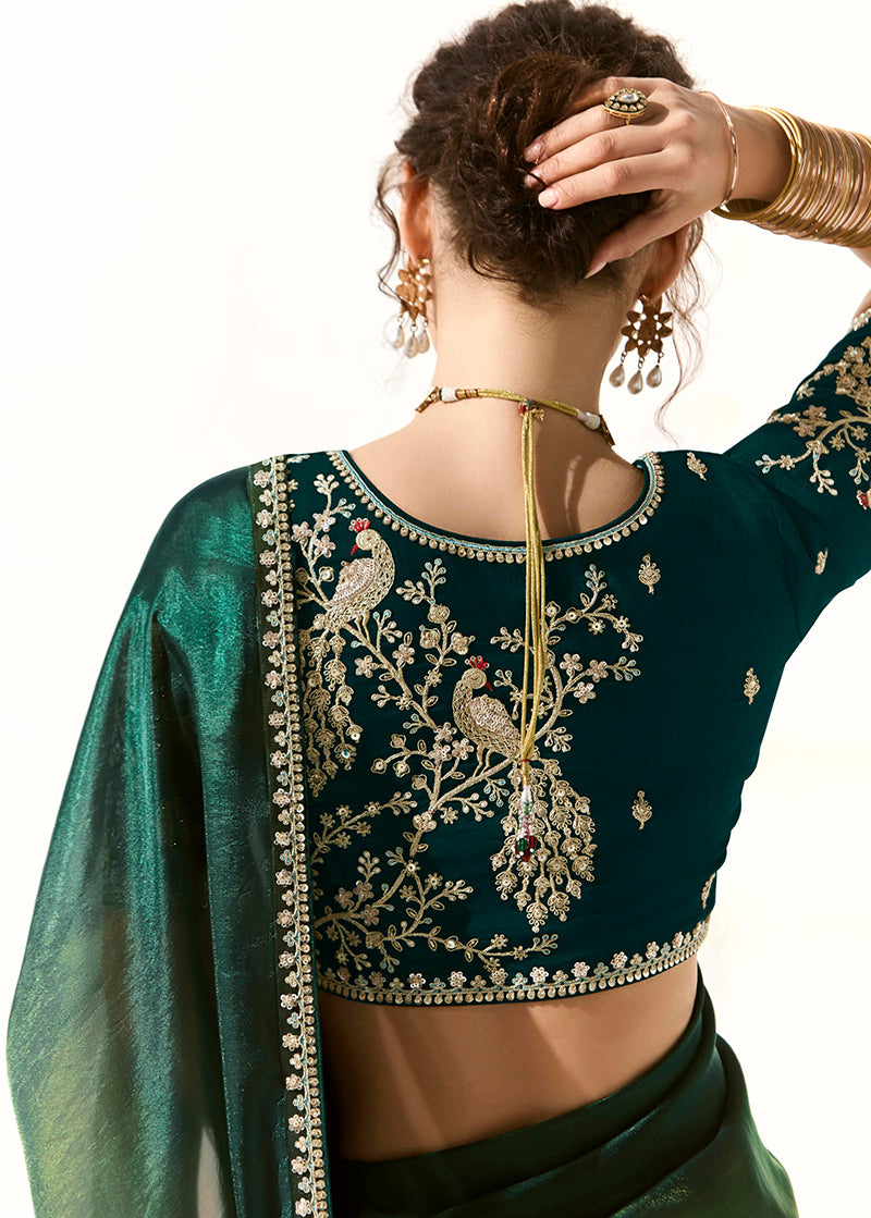 Monjolika Fashion Embroidered Sequins Tissue Organza Contemporary Saree in Dark Teal - Distacart