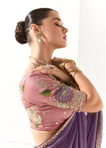Thumbnail for Monjolika Fashion Tissue Embroidered Sequins Lilac Traditional Saree - Distacart