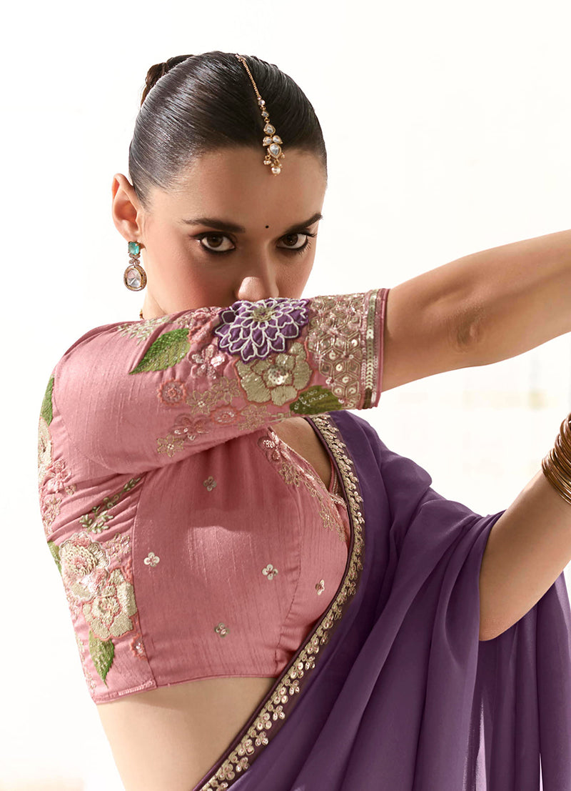 Monjolika Fashion Tissue Embroidered Sequins Lilac Traditional Saree - Distacart