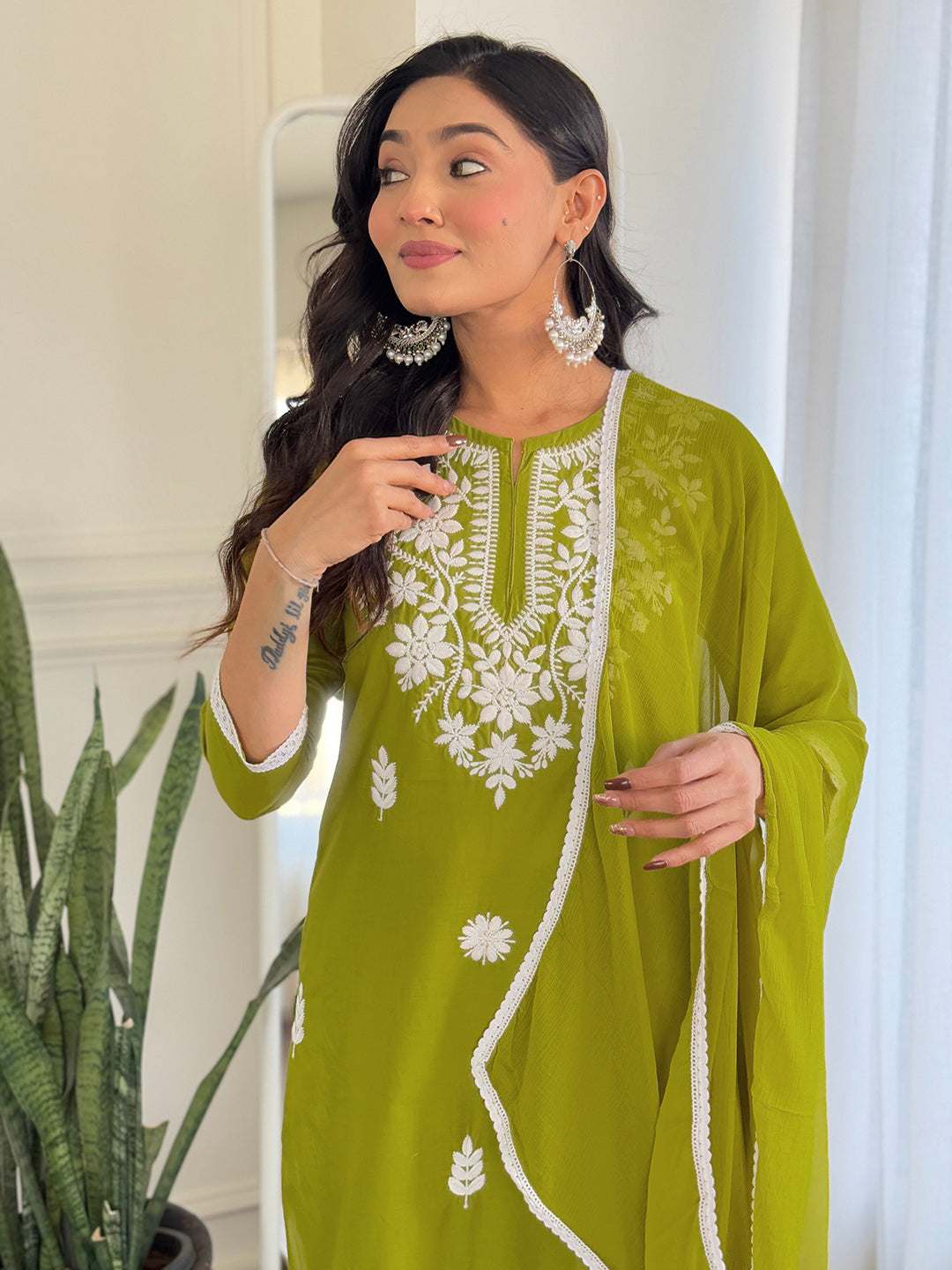 The52 Chikankari Work with Pure Cotton Fabric Straight Kurta, Pant and Dupatta Set