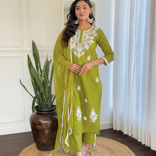 The52 Chikankari Work with Pure Cotton Fabric Straight Kurta, Pant and Dupatta Set