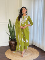 Thumbnail for The52 Chikankari Work with Pure Cotton Fabric Straight Kurta, Pant and Dupatta Set