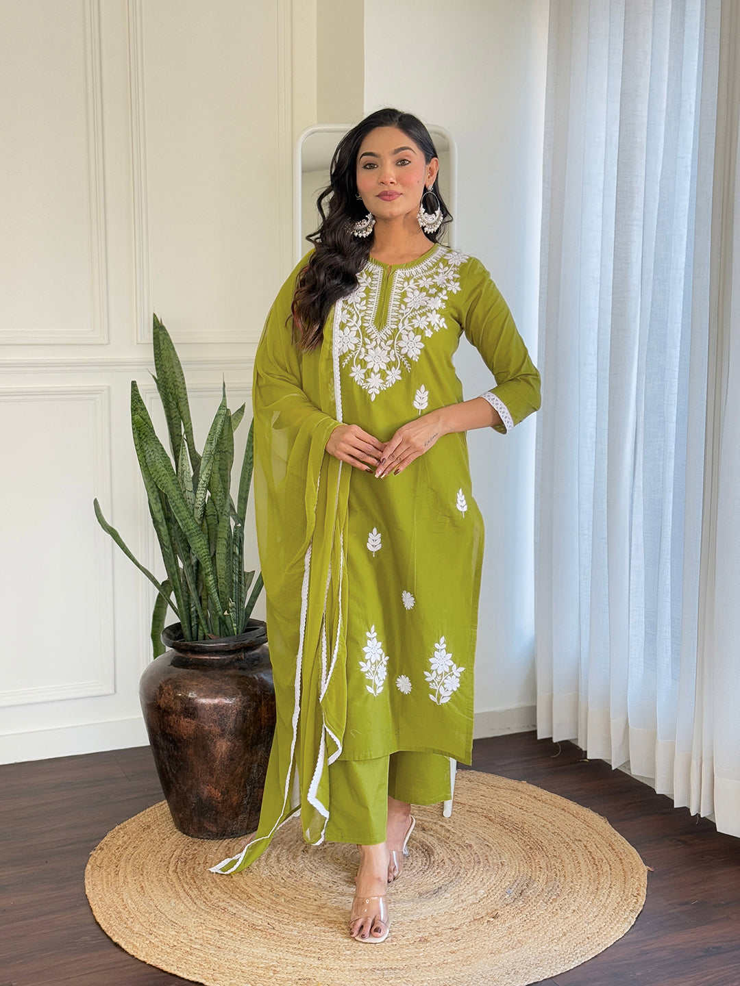 The52 Chikankari Work with Pure Cotton Fabric Straight Kurta, Pant and Dupatta Set