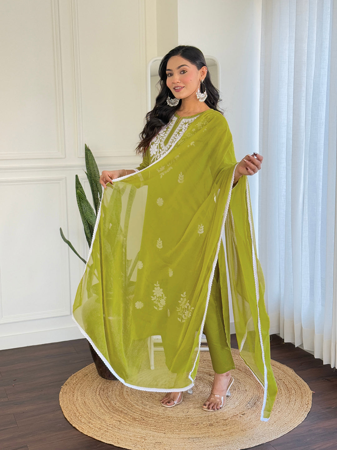 The52 Chikankari Work with Pure Cotton Fabric Straight Kurta, Pant and Dupatta Set
