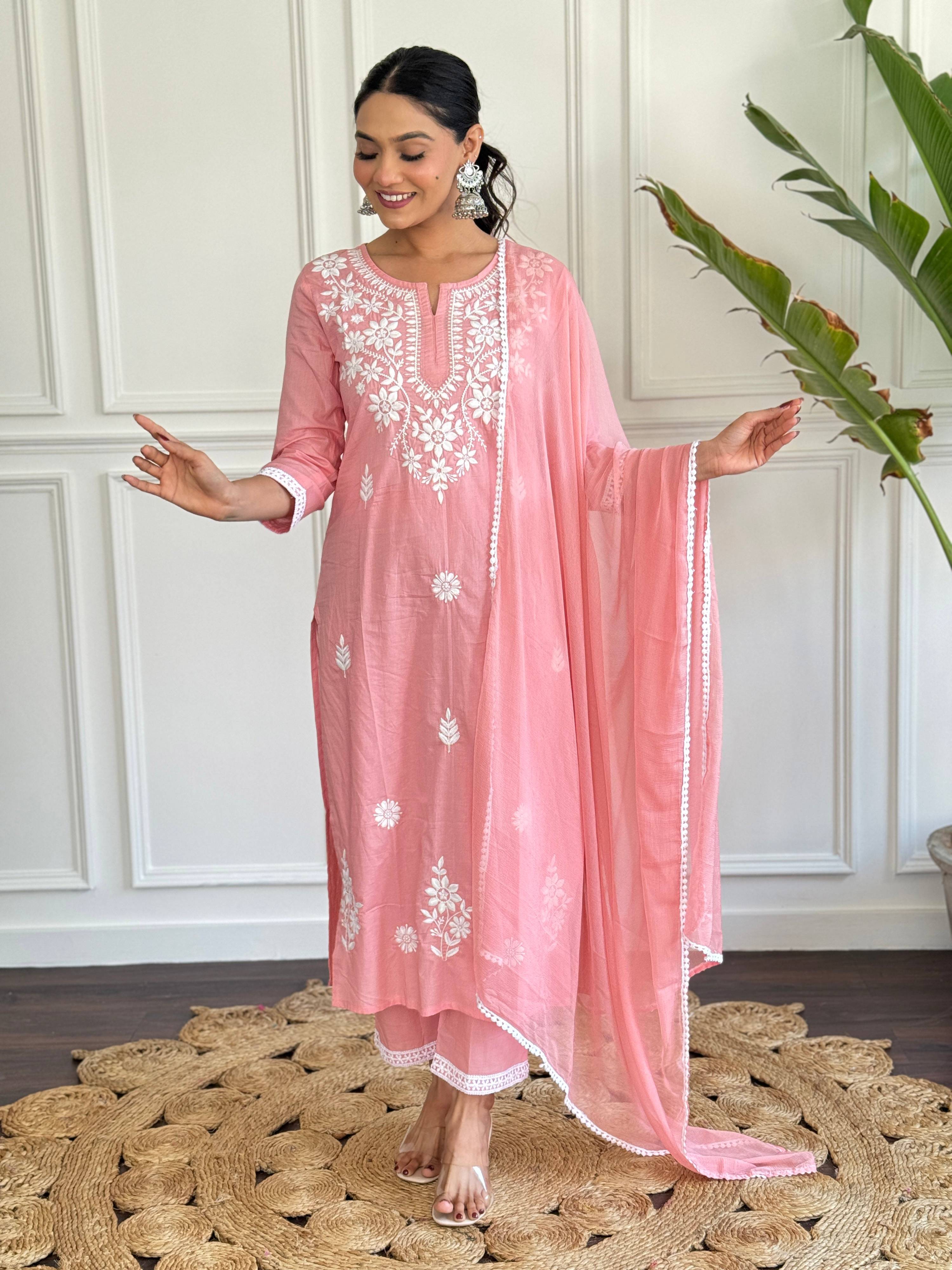 The52 Chikankari Work with Pure Cotton Fabric Straight Kurta, Pant and Dupatta Set