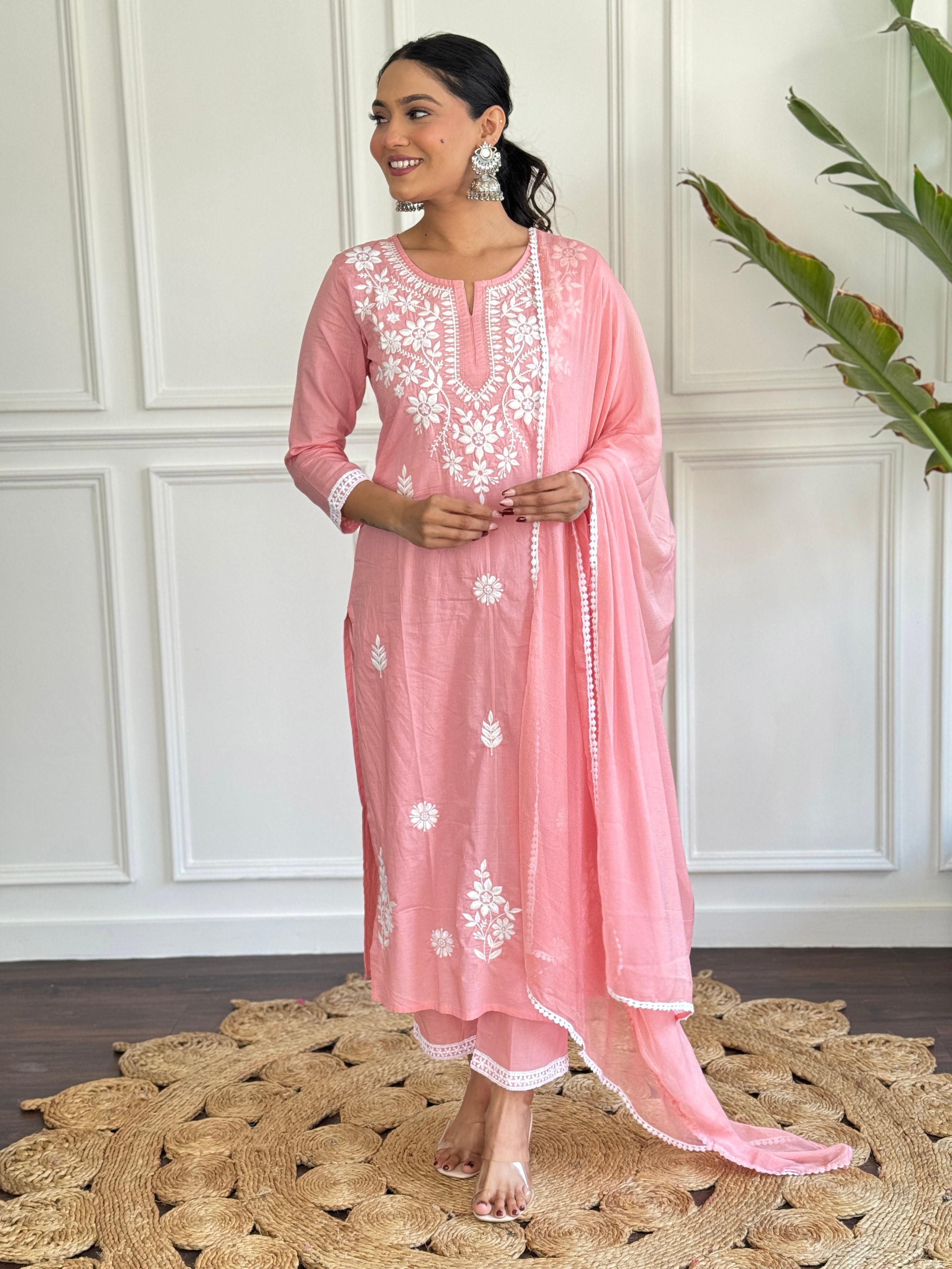 The52 Chikankari Work with Pure Cotton Fabric Straight Kurta, Pant and Dupatta Set