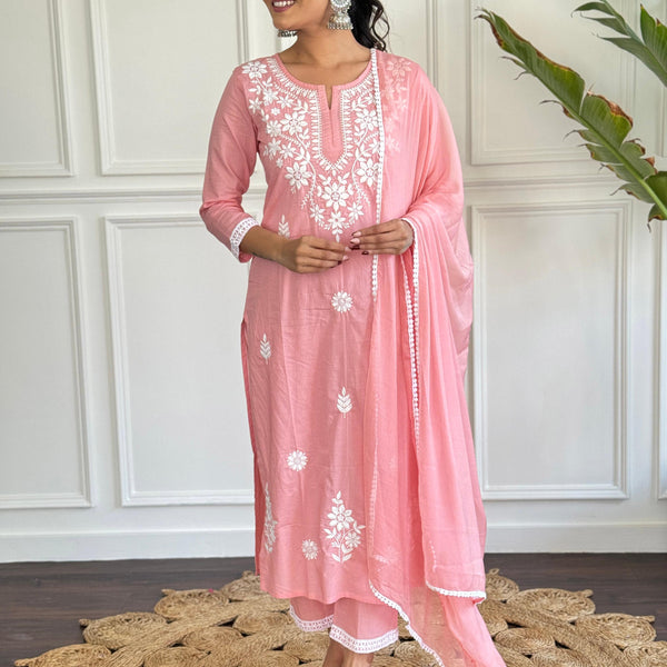 The52 Chikankari Work with Pure Cotton Fabric Straight Kurta, Pant and Dupatta Set - Distacart