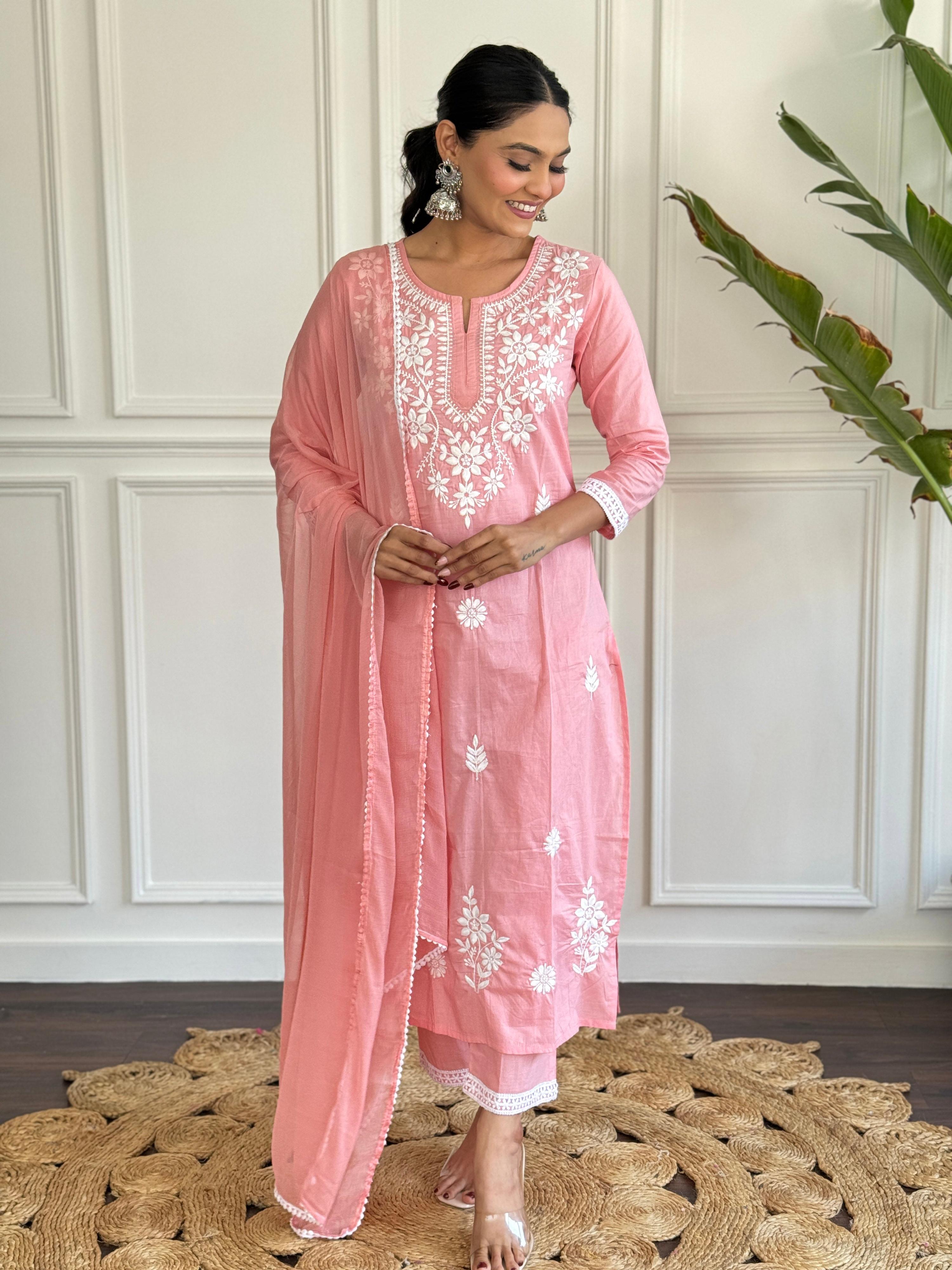 The52 Chikankari Work with Pure Cotton Fabric Straight Kurta, Pant and Dupatta Set
