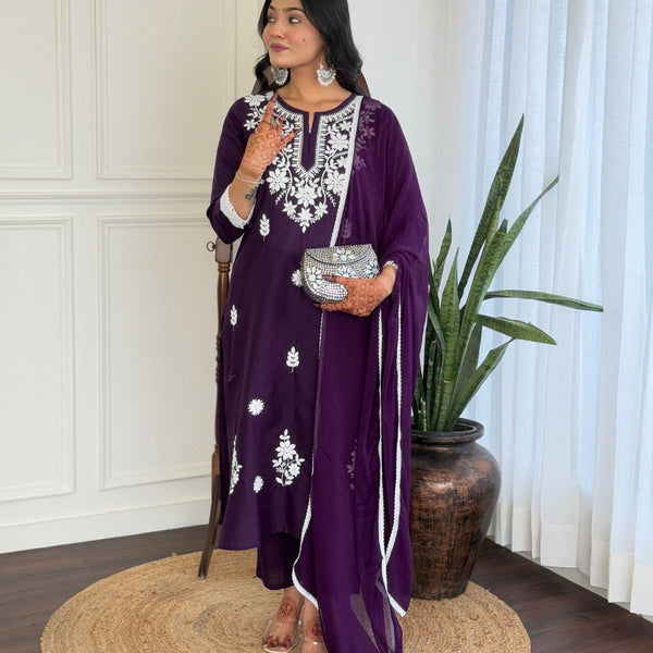 The52 Chikankari Work with Pure Cotton Fabric Straight Kurta, Pant and Dupatta Set - Distacart