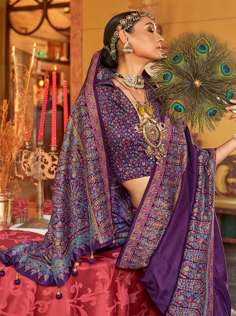 Monjolika Fashion Silk Blend Dark Purple Printed Contemporary Saree