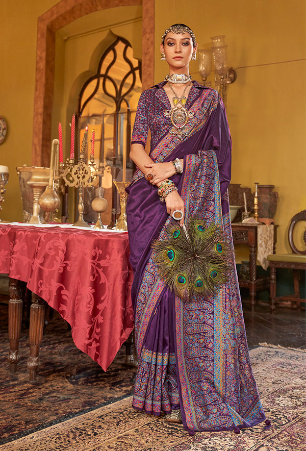 Monjolika Fashion Silk Blend Dark Purple Printed Contemporary Saree
