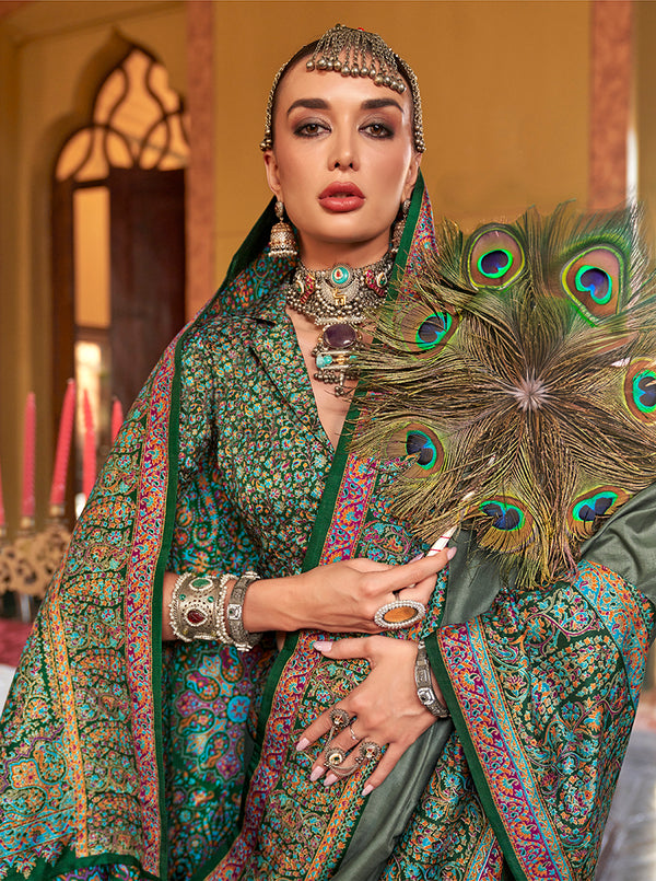 Monjolika Fashion Silk Blend Green Printed Contemporary Saree