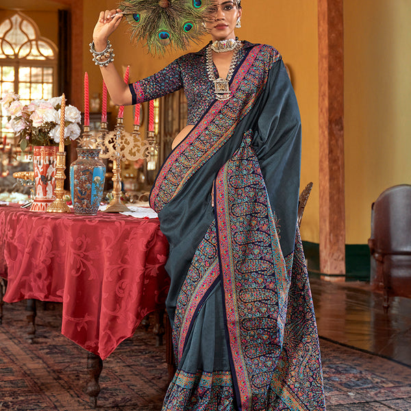 Monjolika Fashion Silk Blend Dark Grey Printed Contemporary Saree
