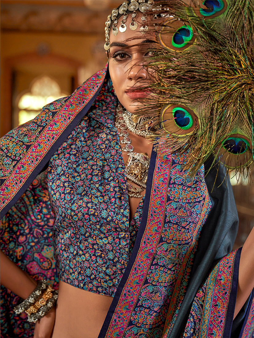 Monjolika Fashion Silk Blend Dark Grey Printed Contemporary Saree