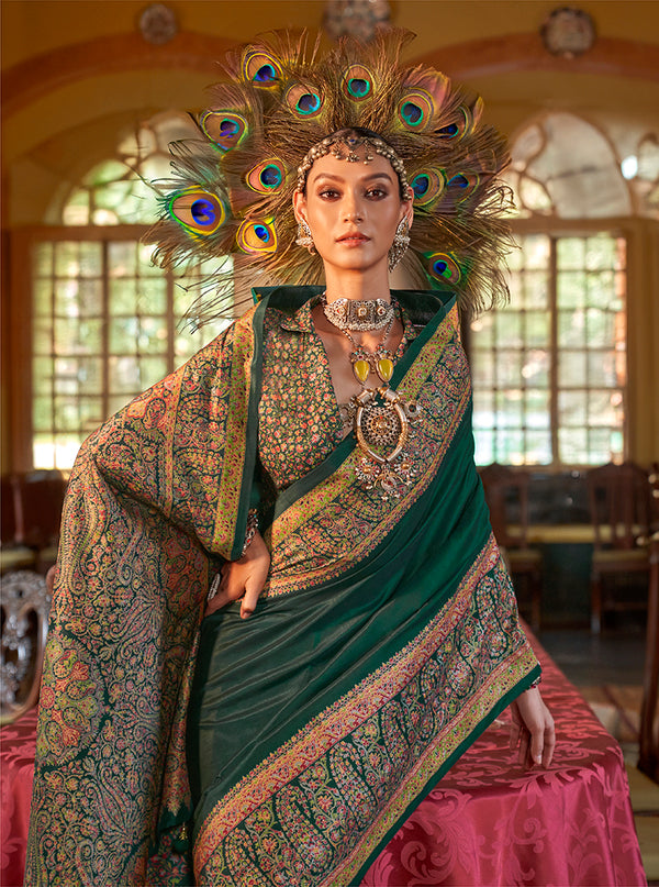 Monjolika Fashion Silk Blend Dark Green Printed Contemporary Saree