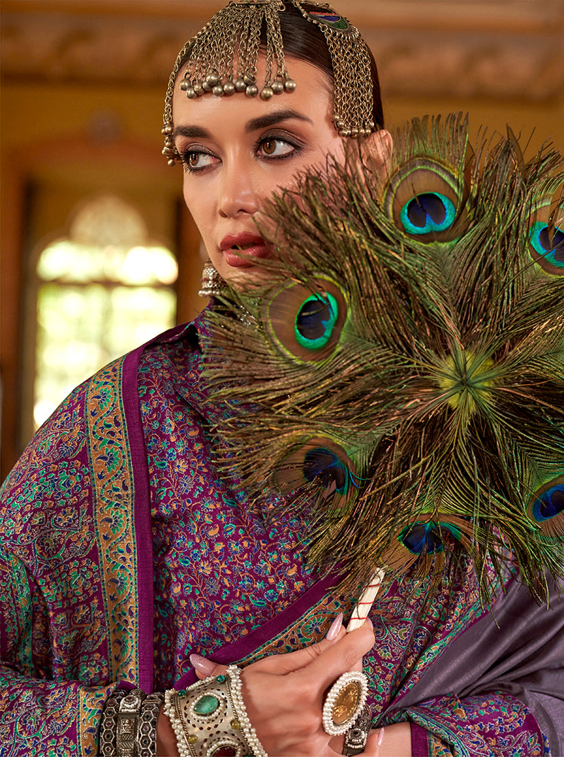 Monjolika Fashion Silk Blend Lilac Printed Contemporary Saree