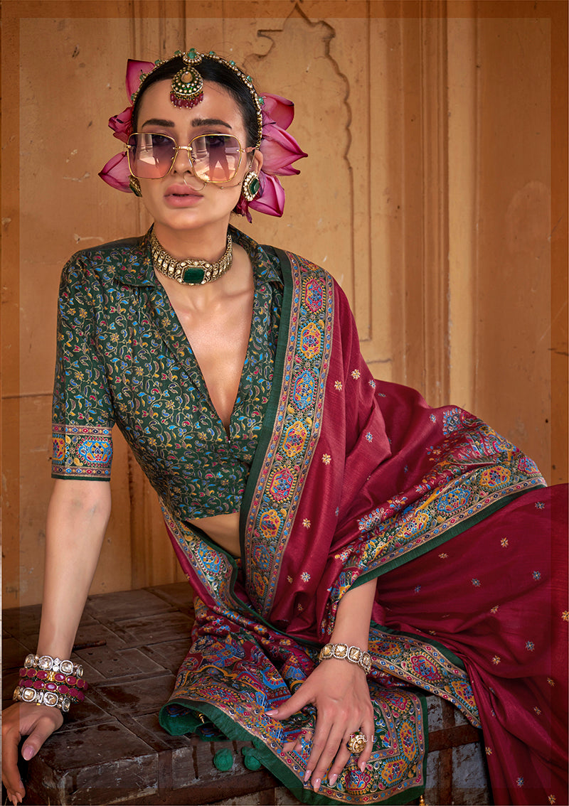 Monjolika Fashion Silk Blend Printed Burgundy Classic Saree - Distacart
