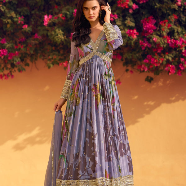 Anaita Purple Heavy Chinon With Embroidery Stitched Gown - Distacart