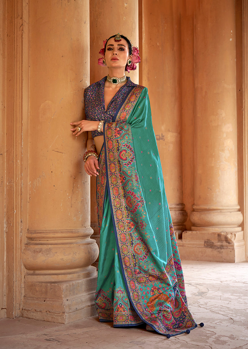 Monjolika Fashion Silk Blend Printed Turquoise Classic Saree - Distacart