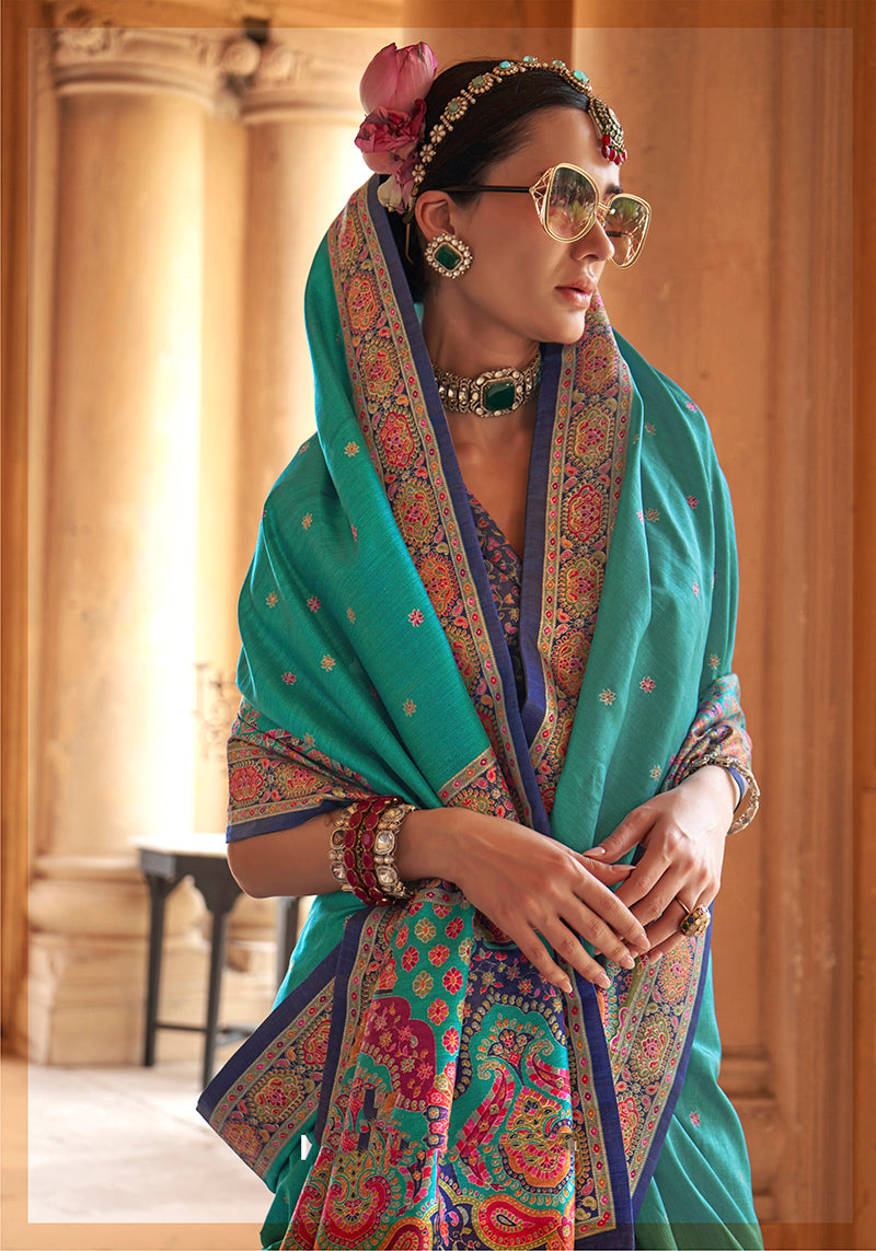 Monjolika Fashion Silk Blend Printed Turquoise Classic Saree - Distacart