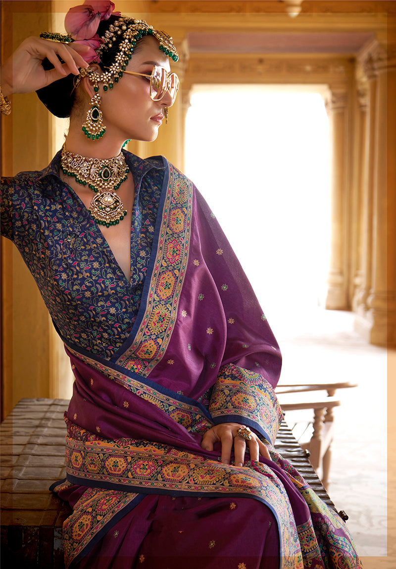 Monjolika Fashion Silk Blend Printed Dark Magenta Classic Saree - Distacart