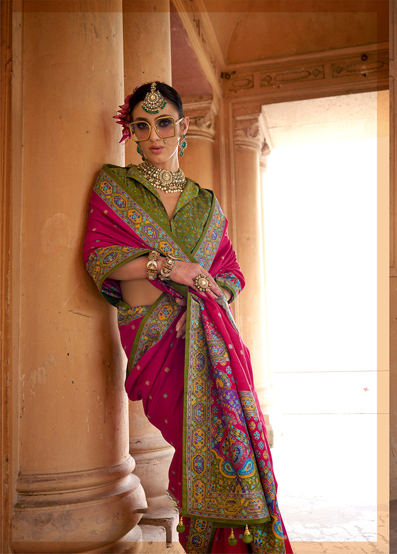 Monjolika Fashion Silk Blend Printed Rani Pink Classic Saree - Distacart