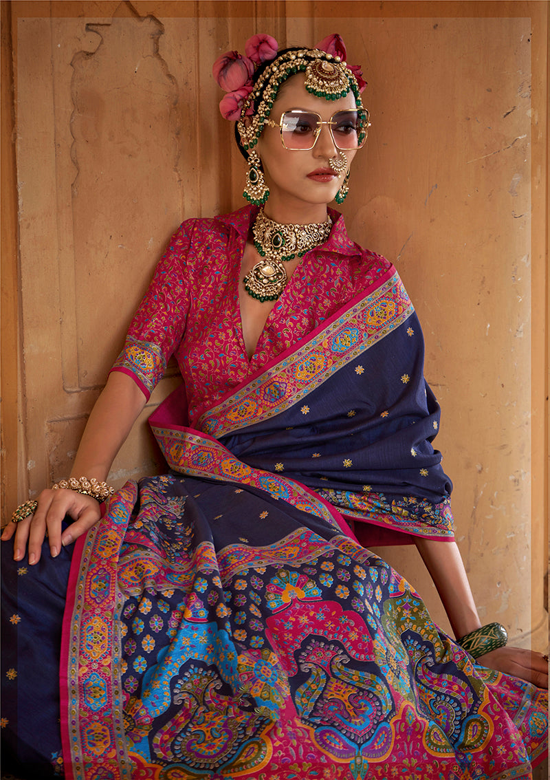 Monjolika Fashion Silk Blend Printed Navy Blue Classic Saree - Distacart