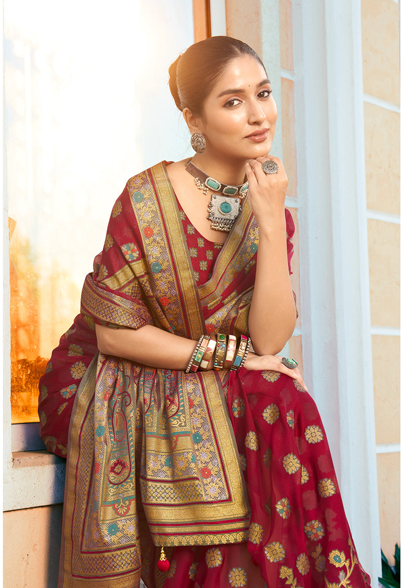 Monjolika Fashion Maroon Poly Viscose Georgette Meenakari Jaal Banarasi Saree