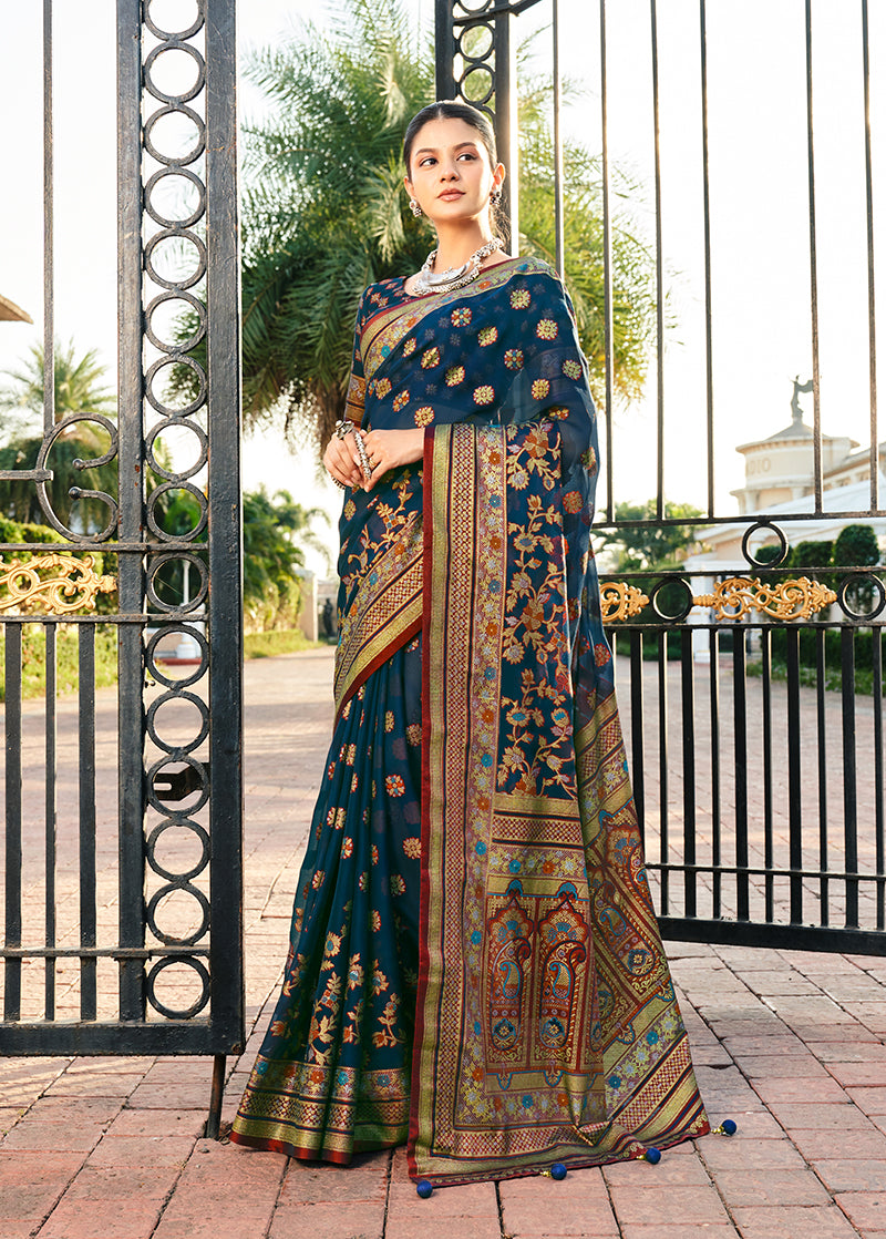 Monjolika Fashion Navy Blue Poly Viscose Georgette Meenakari Jaal Banarasi Saree