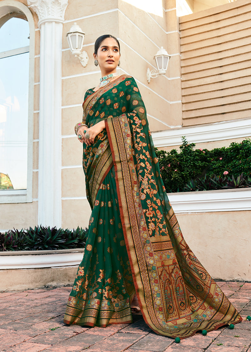 Monjolika Fashion Dark Green Poly Viscose Georgette Meenakari Jaal Banarasi Saree