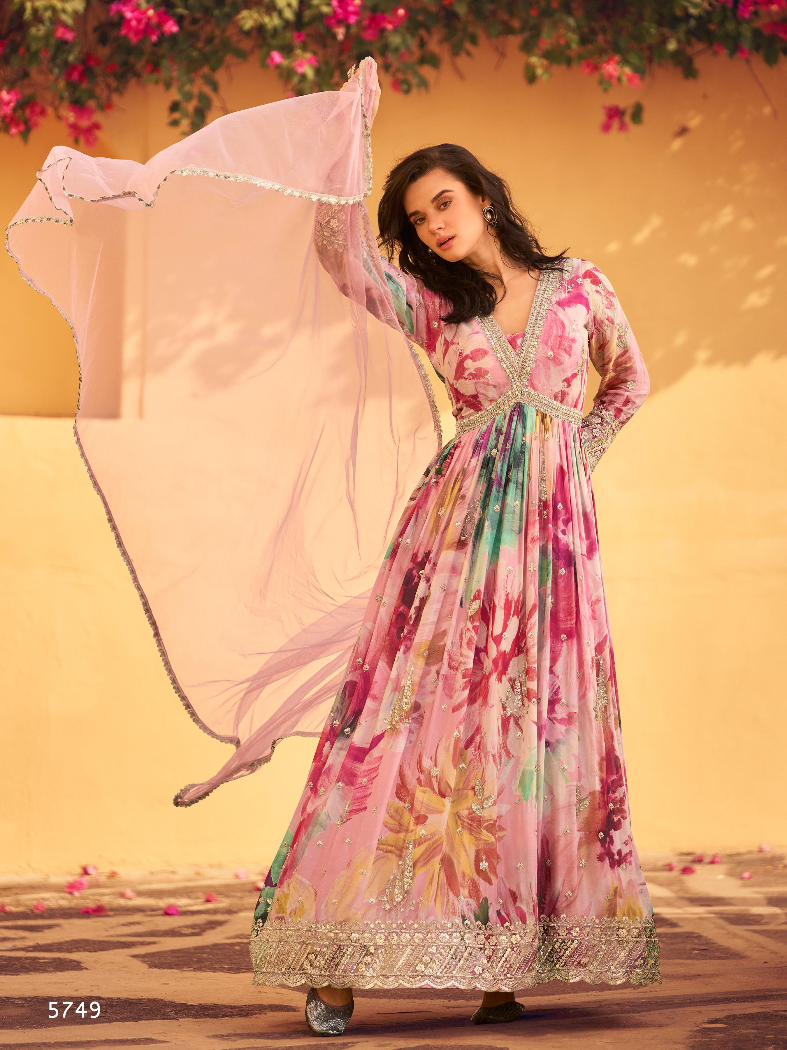 Anaita Pink Heavy Chinon With Embroidery Stitched Gown - Distacart