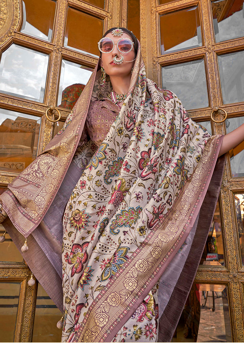 Monjolika Fashion Cream Floral Print Silk Blend Saree - Distacart