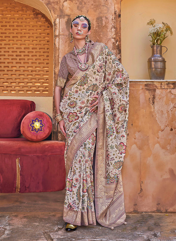Monjolika Fashion Cream Floral Print Silk Blend Saree