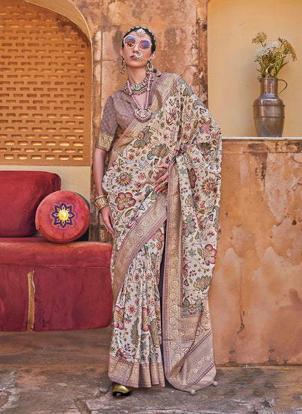 Monjolika Fashion Cream Floral Print Silk Blend Saree