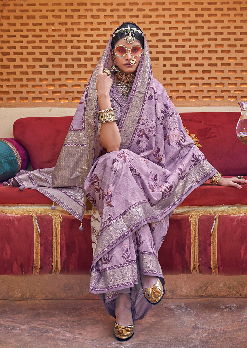 Monjolika Fashion Light Purple Floral Print Silk Blend Saree