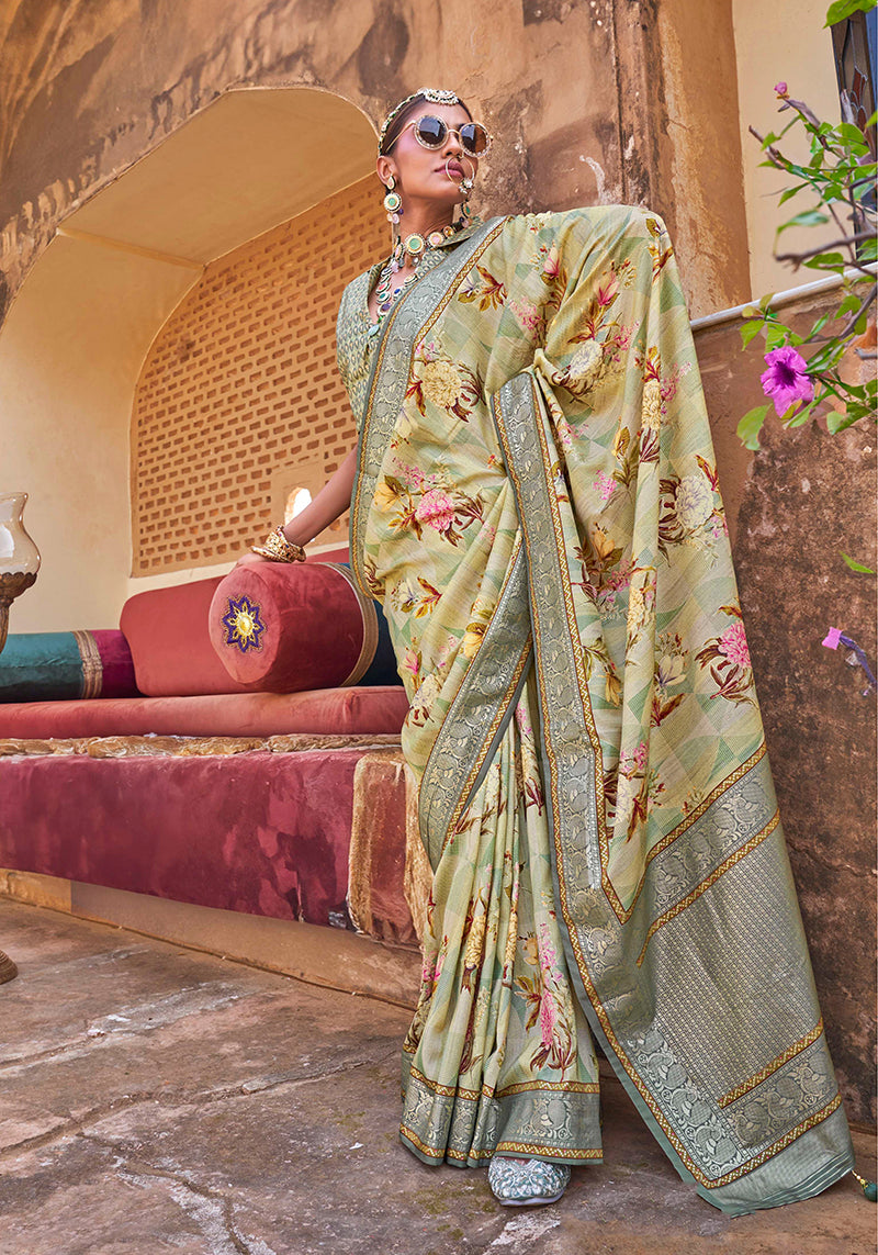 Monjolika Fashion Light Green Floral Print Silk Blend Saree