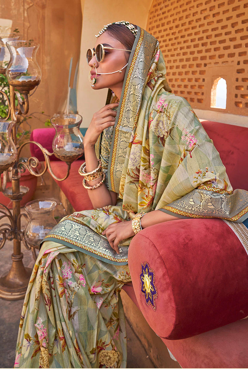 Monjolika Fashion Light Green Floral Print Silk Blend Saree