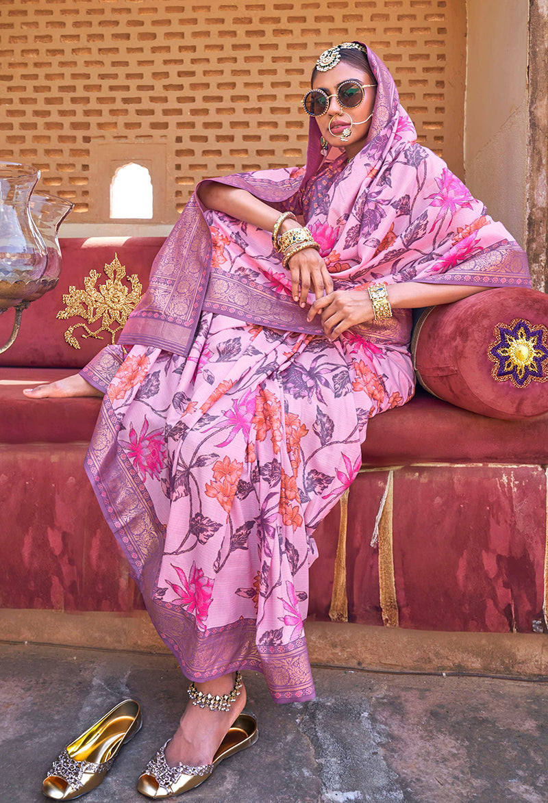 Monjolika Fashion Pink Floral Print Silk Blend Saree - Distacart