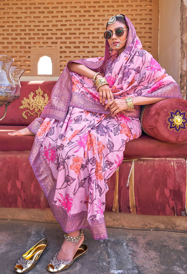 Monjolika Fashion Pink Floral Print Silk Blend Saree