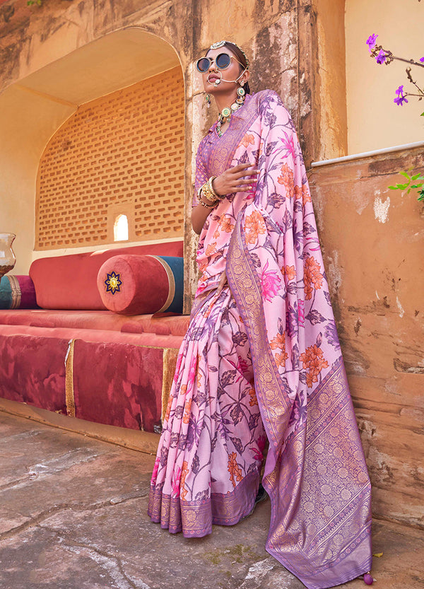 Monjolika Fashion Pink Floral Print Silk Blend Saree