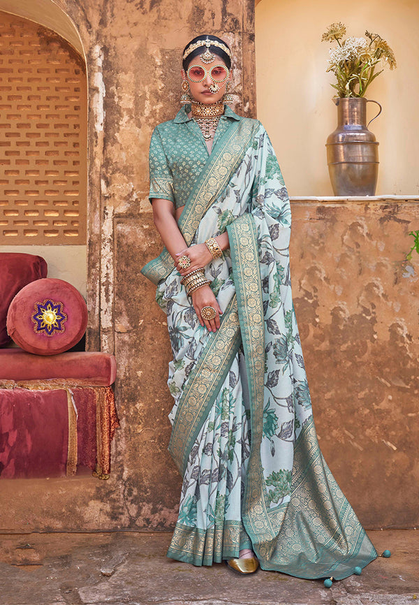Monjolika Fashion Irish Mint Floral Print Silk Blend Saree
