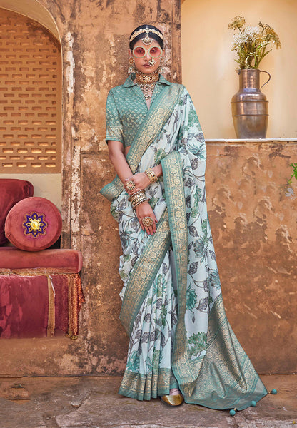 Monjolika Fashion Irish Mint Floral Print Silk Blend Saree